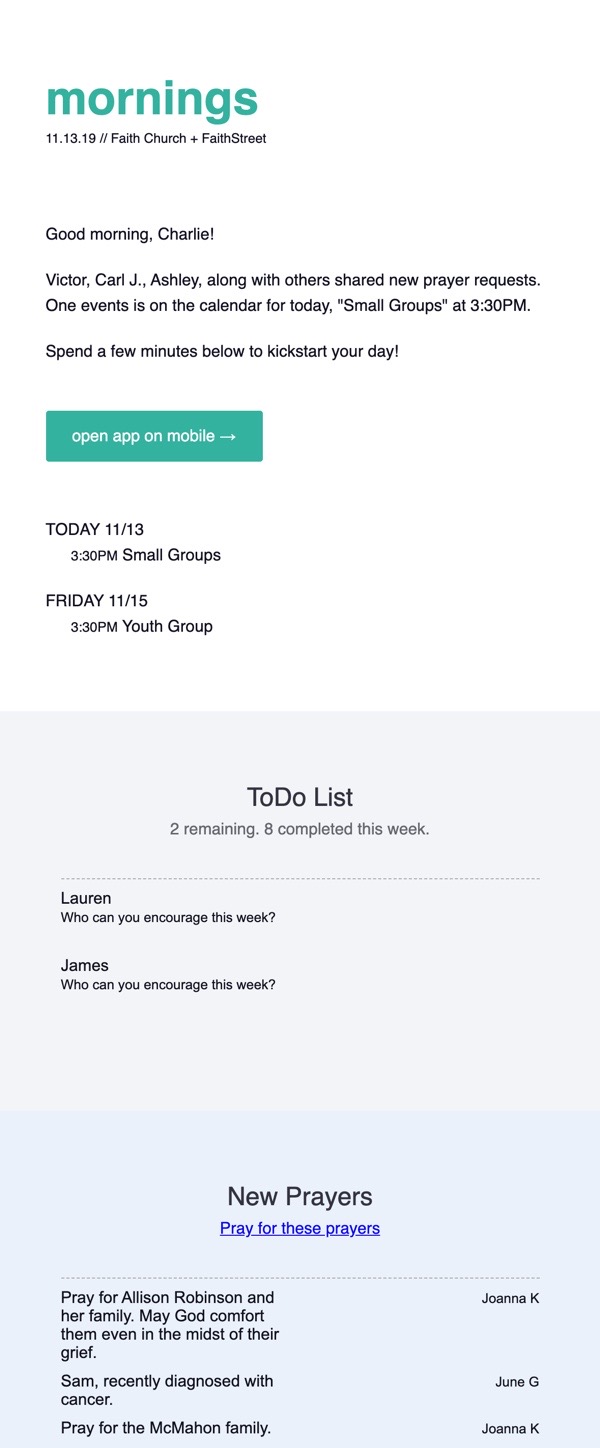Mornings email feature screenshot